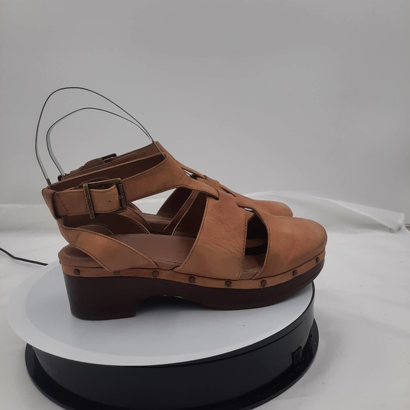 Vionics Faye Toffee leather comfort shoe chunky wood heel, ankle strap Clogs 7 - Picture 1 of 10